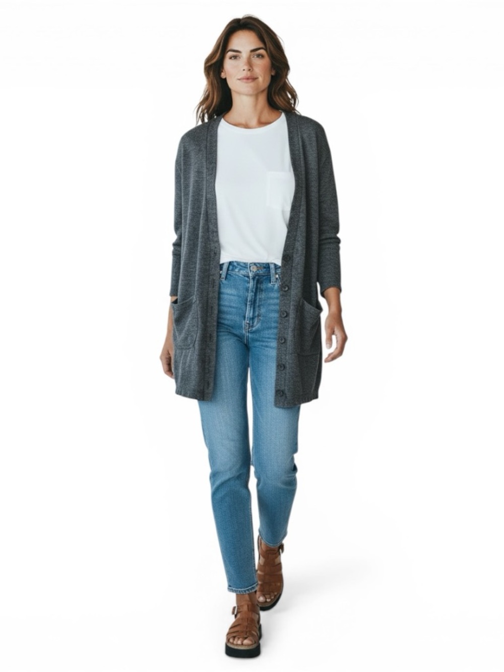Norma Kamali Gray Open Cardigan M Slouchy Pocket Knit Minimalist Cozy Layer